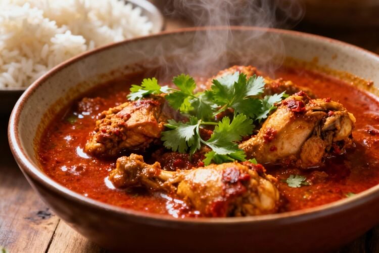 Authentic Mangalorean chicken curry in a bowl with rice.