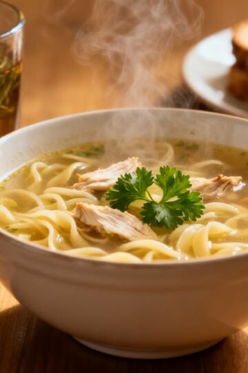 Bowl of chicken noodle soup with tea and toast.