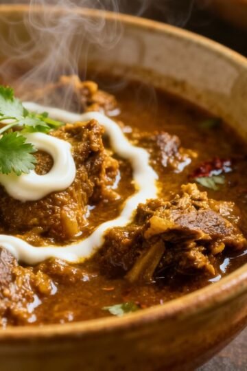 Delicious mutton curry with fresh cilantro garnish.