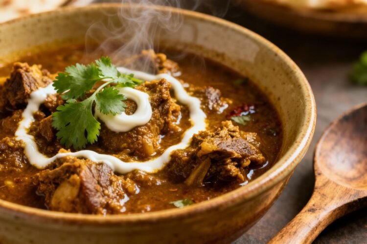 Delicious mutton curry with fresh cilantro garnish.