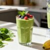 Healthy green breakfast shake with berries and mint.