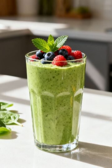 Healthy green breakfast shake with berries and mint.