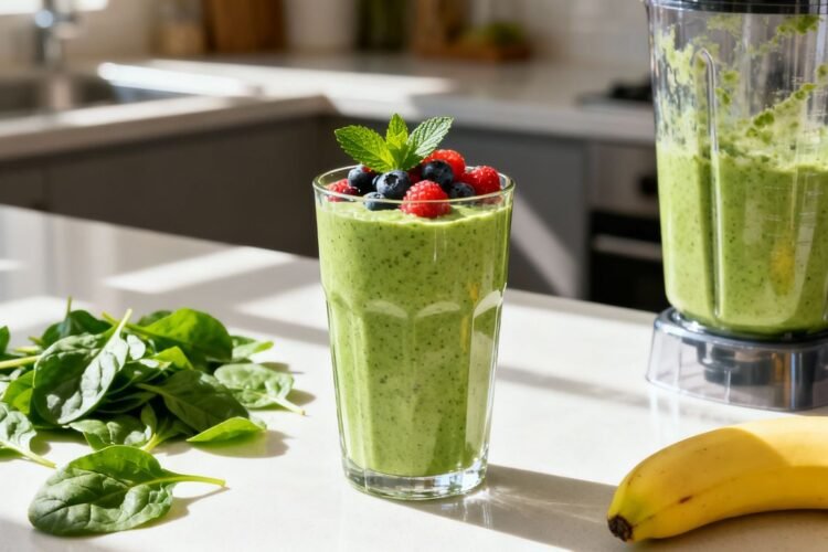 Healthy green breakfast shake with berries and mint.