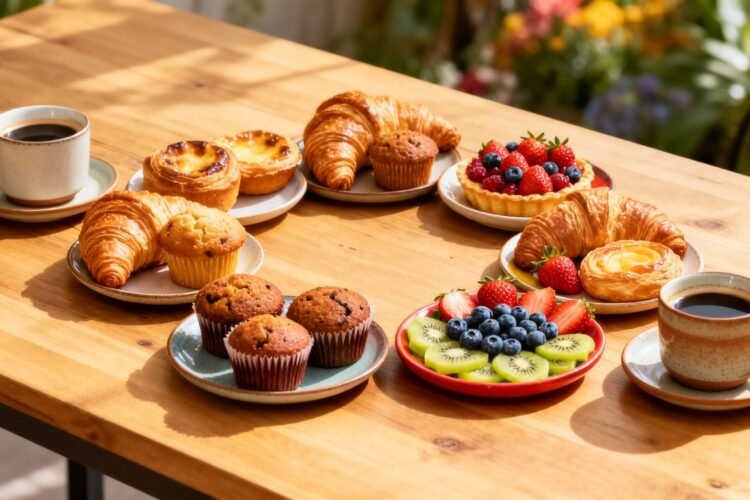 Assortment of breakfast pastries and fruit for a meeting.