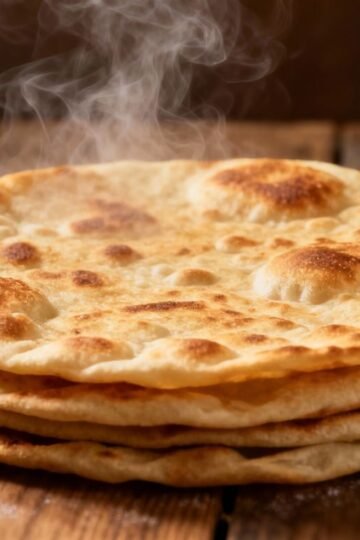 Stack of freshly cooked, golden-brown roti flatbreads.