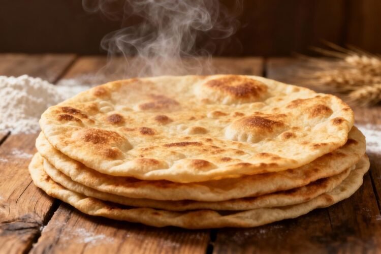 Stack of freshly cooked, golden-brown roti flatbreads.