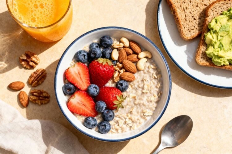 Healthy breakfast spread with oatmeal, berries, and avocado toast.