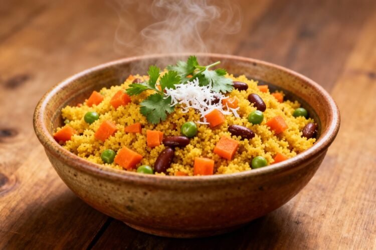 Bowl of vegetable upma with cilantro and coconut