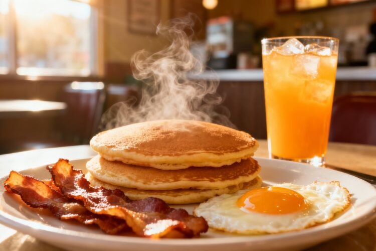 Pancakes, bacon, and eggs at a Richmond, IN diner.