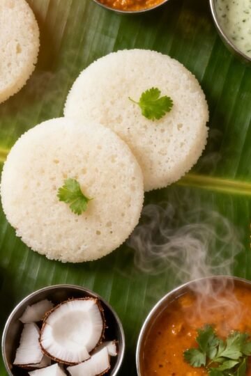 South Indian breakfast spread with idlis, dosas, and chutney.