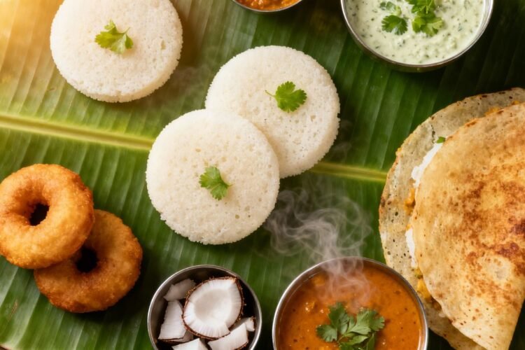 South Indian breakfast spread with idlis, dosas, and chutney.