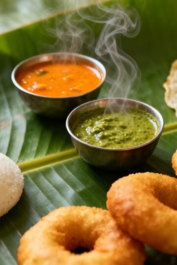 South Indian breakfast spread with idli, dosa, and vada.