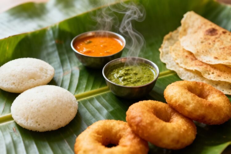 South Indian breakfast spread with idli, dosa, and vada.