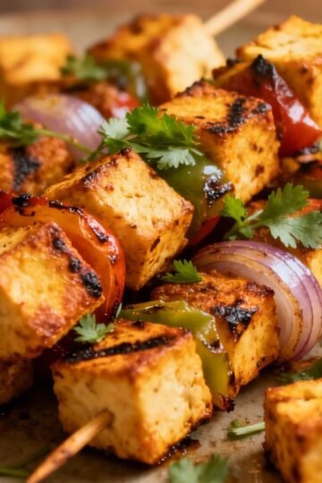 Oven-baked paneer tikka on a platter with vegetables.