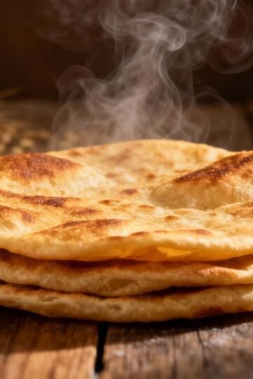 Stack of soft, golden-brown Indian rotis on a wooden surface.
