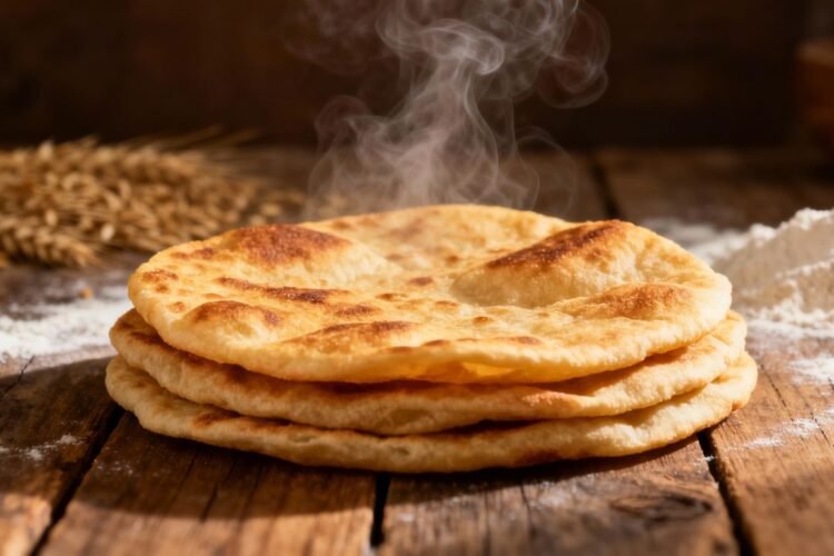Stack of soft, golden-brown Indian rotis on a wooden surface.