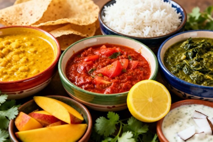 Authentic South Indian food spread with various dishes.