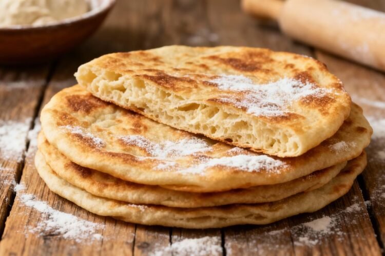 Soft, fluffy rotis stacked on a wooden surface.