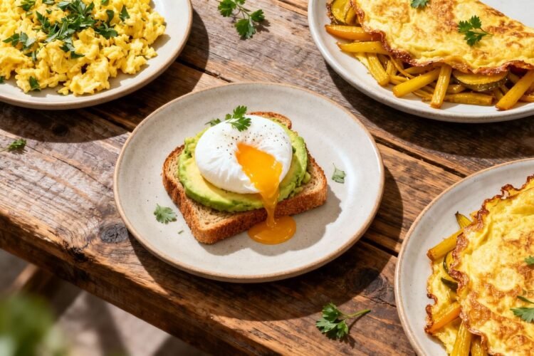 Assortment of delicious egg dishes on a wooden table.