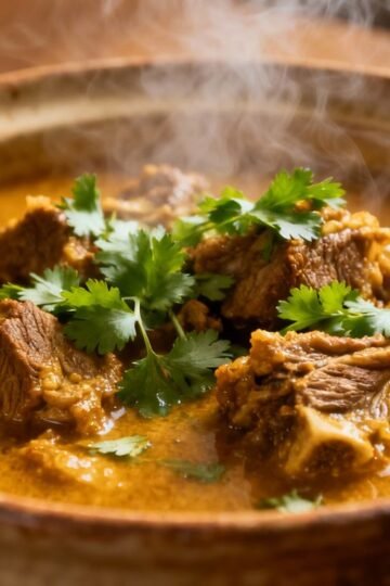 Slow cooker lamb curry in a bowl with cilantro.
