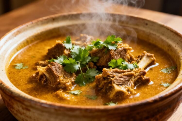 Slow cooker lamb curry in a bowl with cilantro.