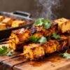 Paneer tikka skewers on a wooden board with cilantro.