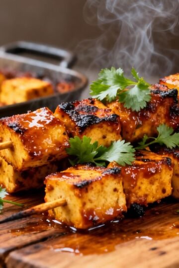 Paneer tikka skewers on a wooden board with cilantro.