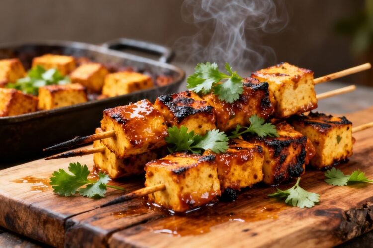 Paneer tikka skewers on a wooden board with cilantro.
