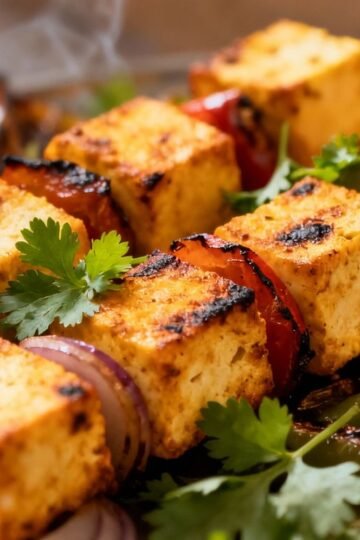 Oven-baked paneer tikka with vegetables on skewers.