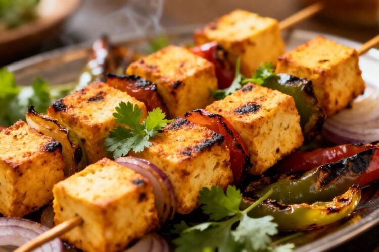 Oven-baked paneer tikka with vegetables on skewers.