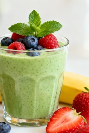Healthy green breakfast shake with fresh berries and fruit.