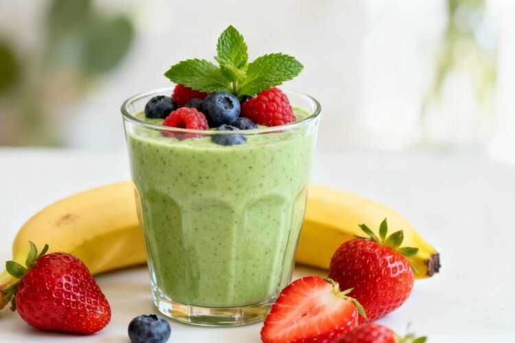 Healthy green breakfast shake with fresh berries and fruit.