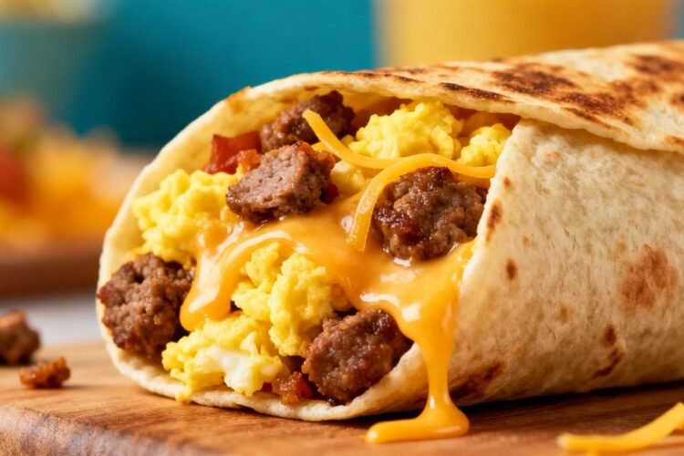 Taco Bell breakfast burrito with eggs, cheese, and sausage.