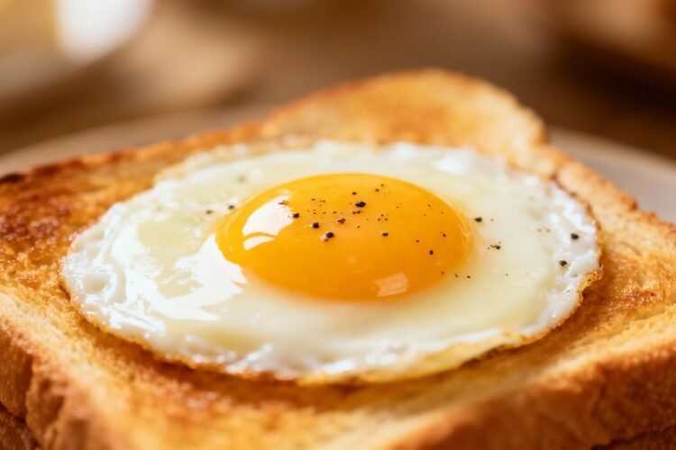 Fried egg on toast with runny yolk.
