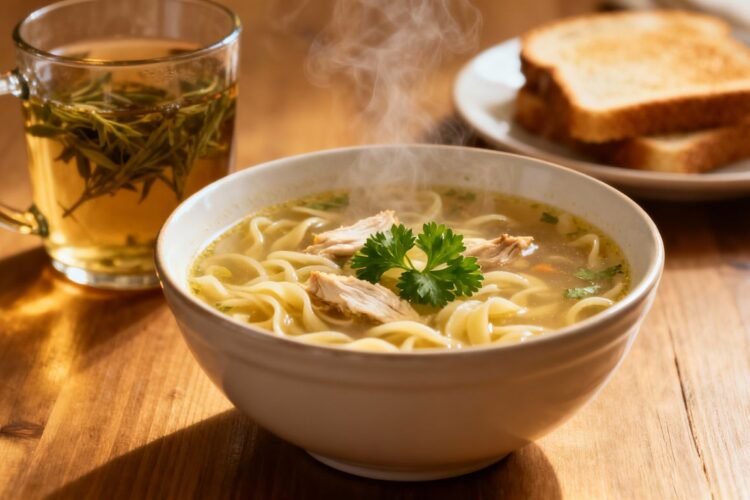 Bowl of chicken noodle soup with tea and toast.