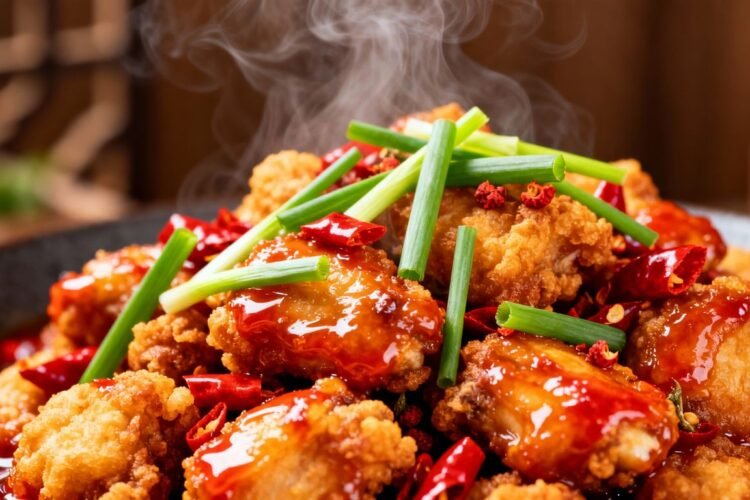 Spicy Chinese Chilli Chicken with fresh garnishes.