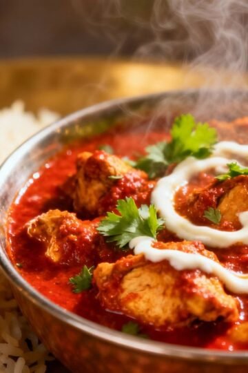 Spicy chicken curry with rice and cilantro garnish.