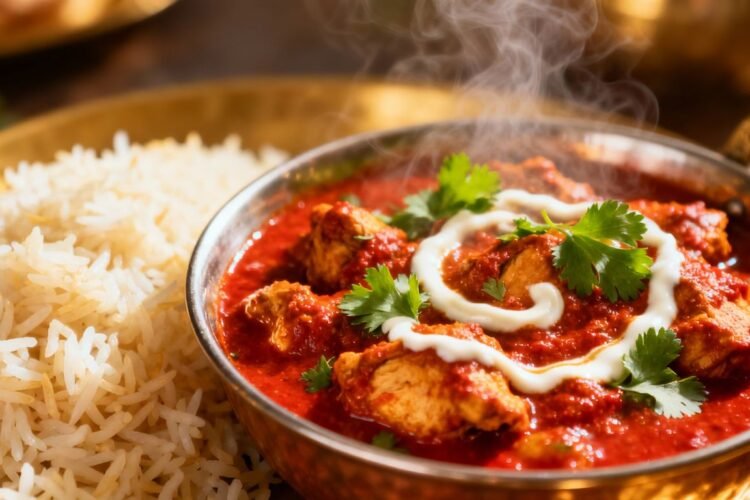 Spicy chicken curry with rice and cilantro garnish.