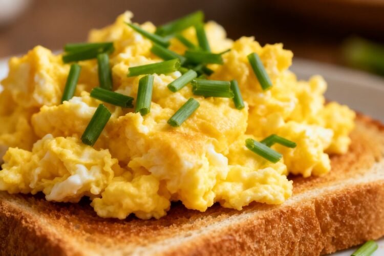 Scrambled eggs on toast with chives.
