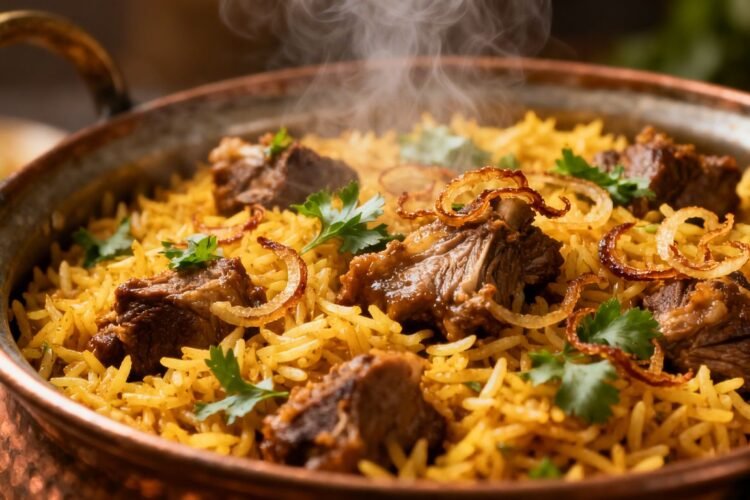 Authentic Mutton Yakhni Pulao with tender meat and aromatic rice.