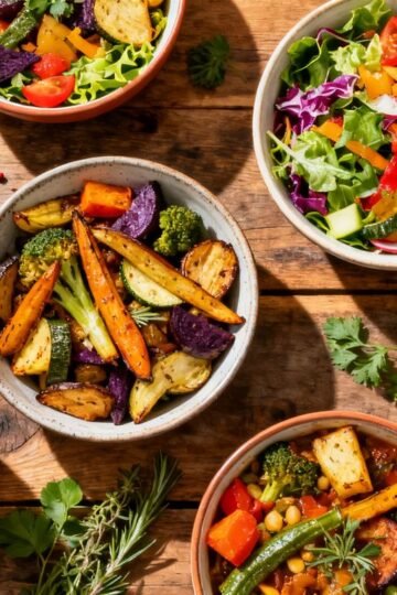 Colorful vegetarian dishes on a rustic table.