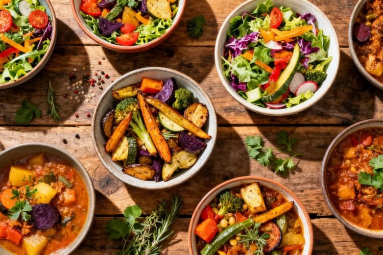 Colorful vegetarian dishes on a rustic table.