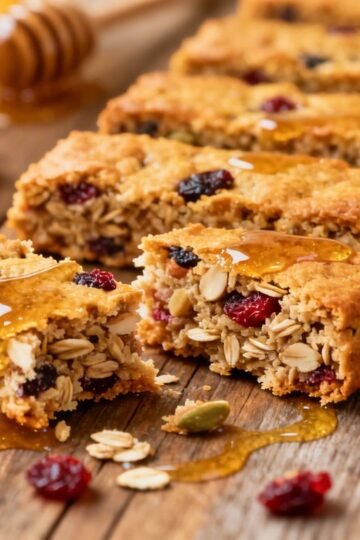 Homemade healthy breakfast bars with oats, nuts, and fruit.