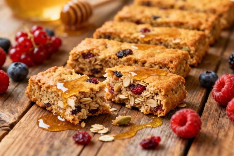 Homemade healthy breakfast bars with oats, nuts, and fruit.