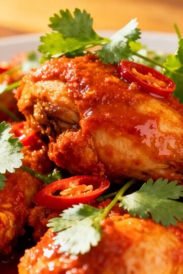 Spicy Indian chicken dish with cilantro garnish.