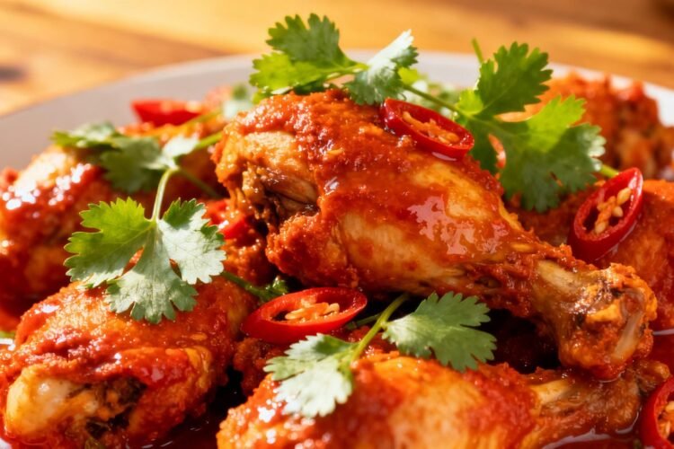 Spicy Indian chicken dish with cilantro garnish.