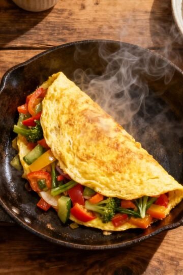 Healthy egg dinner dishes on a wooden table.