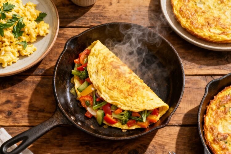 Healthy egg dinner dishes on a wooden table.