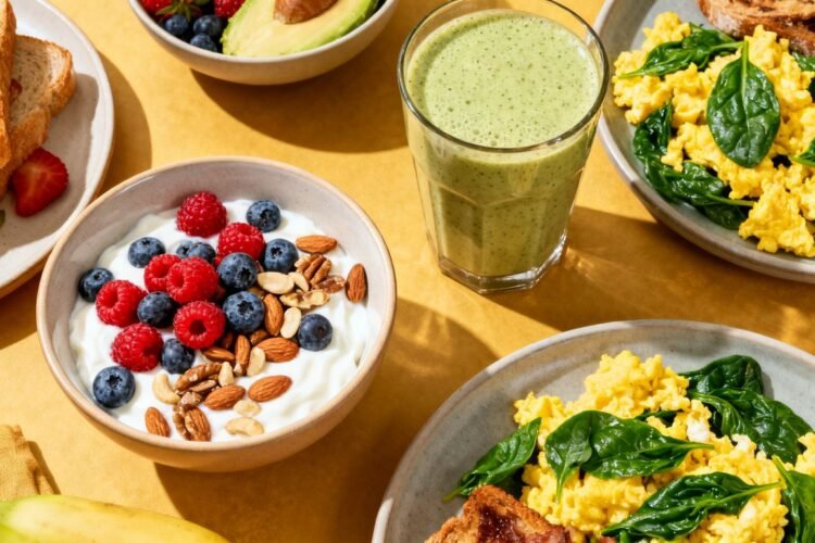 Healthy high protein breakfast spread with yogurt, eggs, and smoothie.