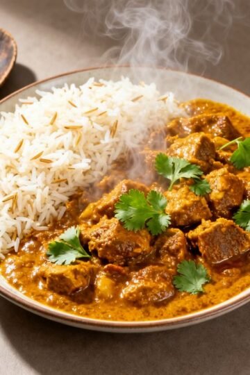 Delicious Indian curry with rice and garnish.